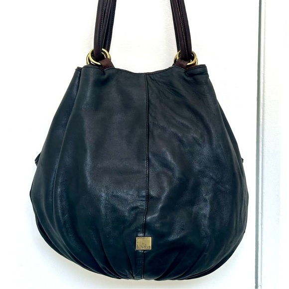 Kooba Black Leather Hobo Slouch Bag GUC Brass Rings Drawstring BIG! - Picture 1 of 15